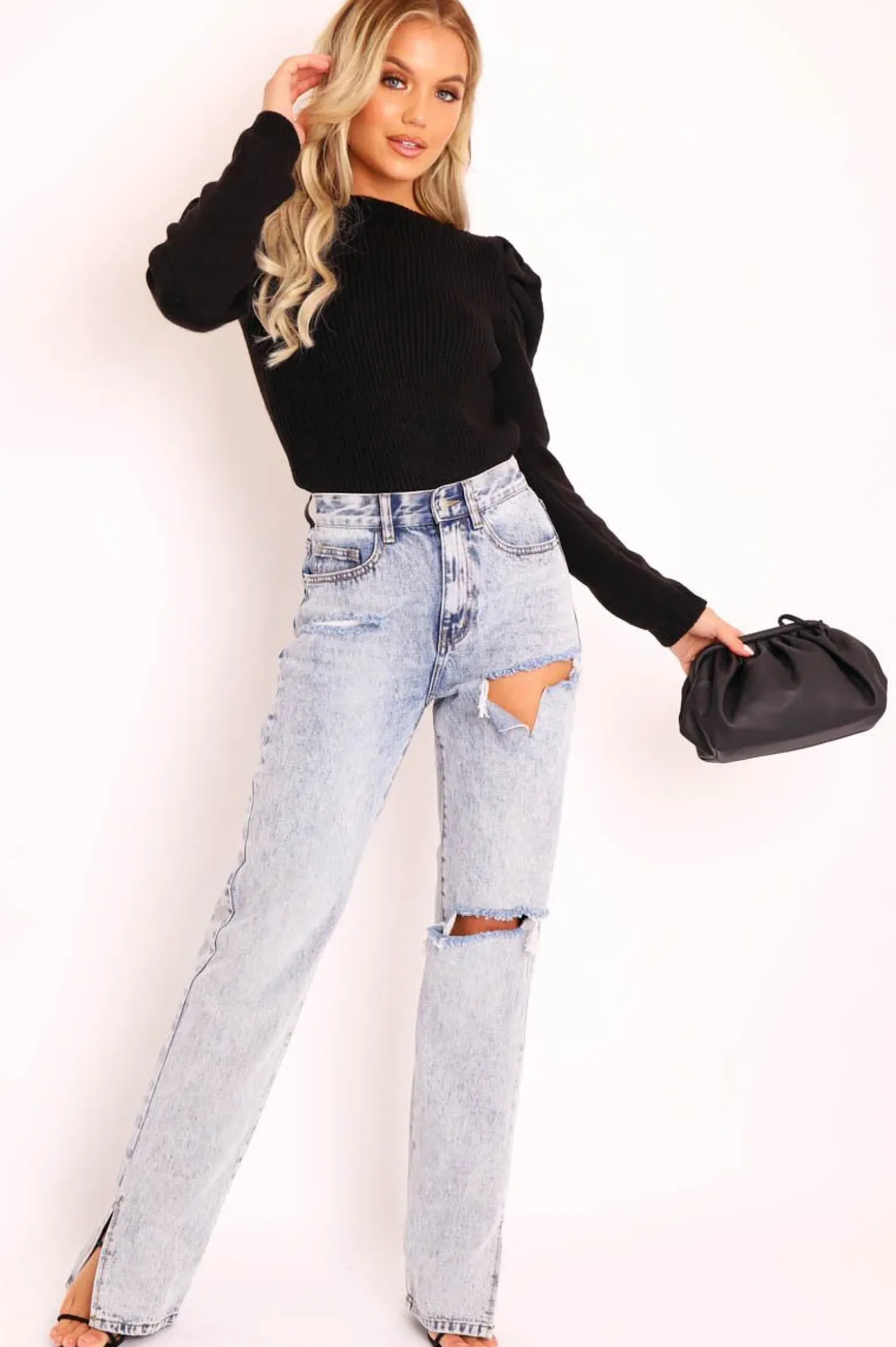 Rebellious Fashion Black Chunky Knit Puff Sleeve Jumper - Hannahmae