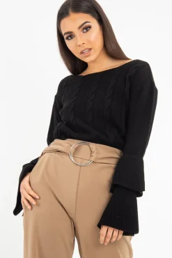 Rebellious Fashion Black Chunky Knit Sleeve Detail Jumper - Lillienne
