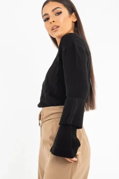 Rebellious Fashion Black Chunky Knit Sleeve Detail Jumper - Lillienne