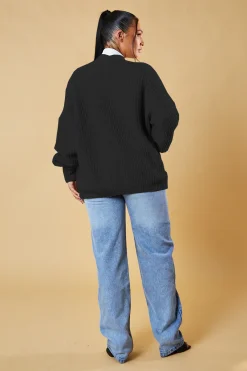 Rebellious Fashion Black Chunky Knit Slouchy Cardigan - Daisy