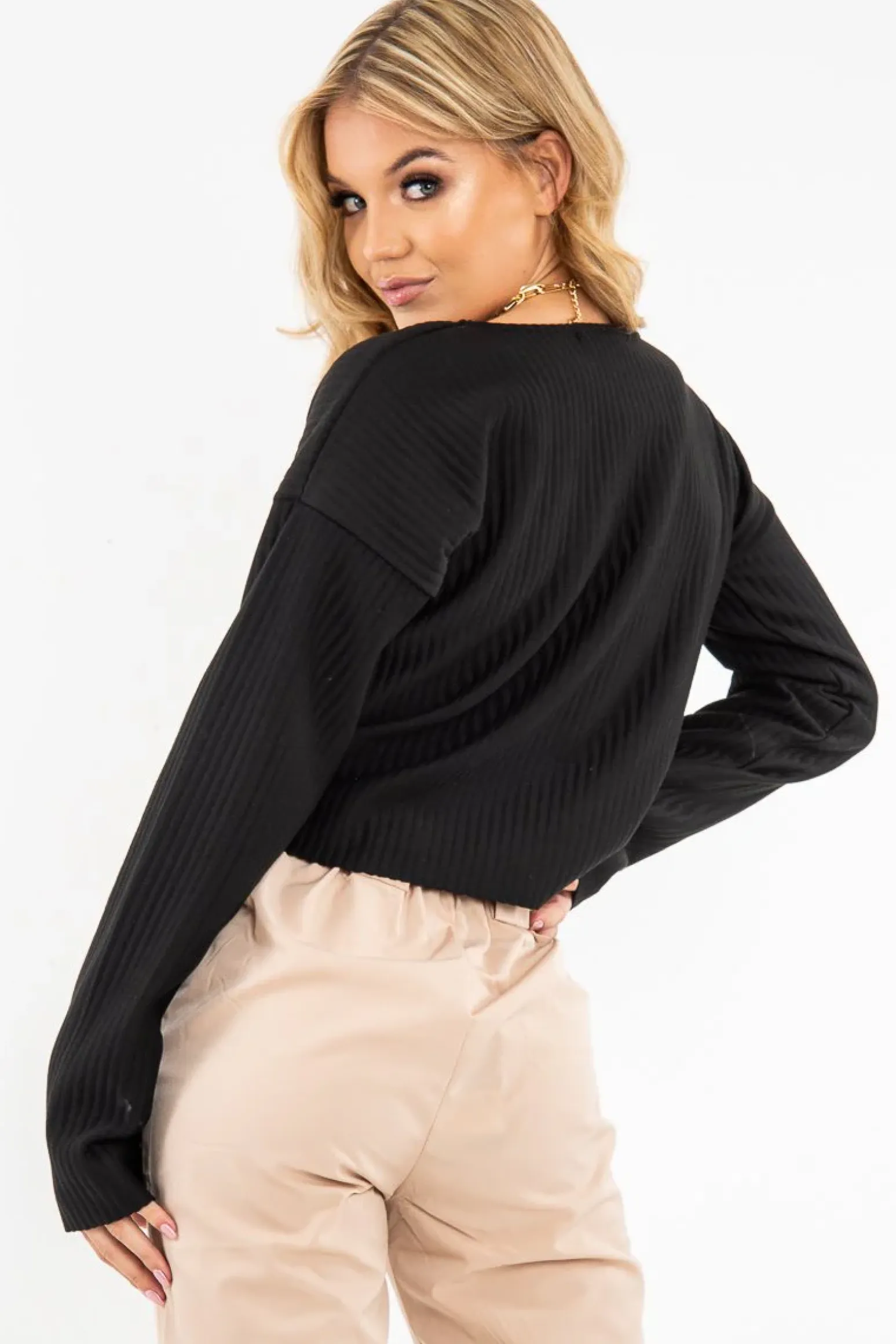 Rebellious Fashion Black Chunky Rib V-Neck Jumper - Evalise