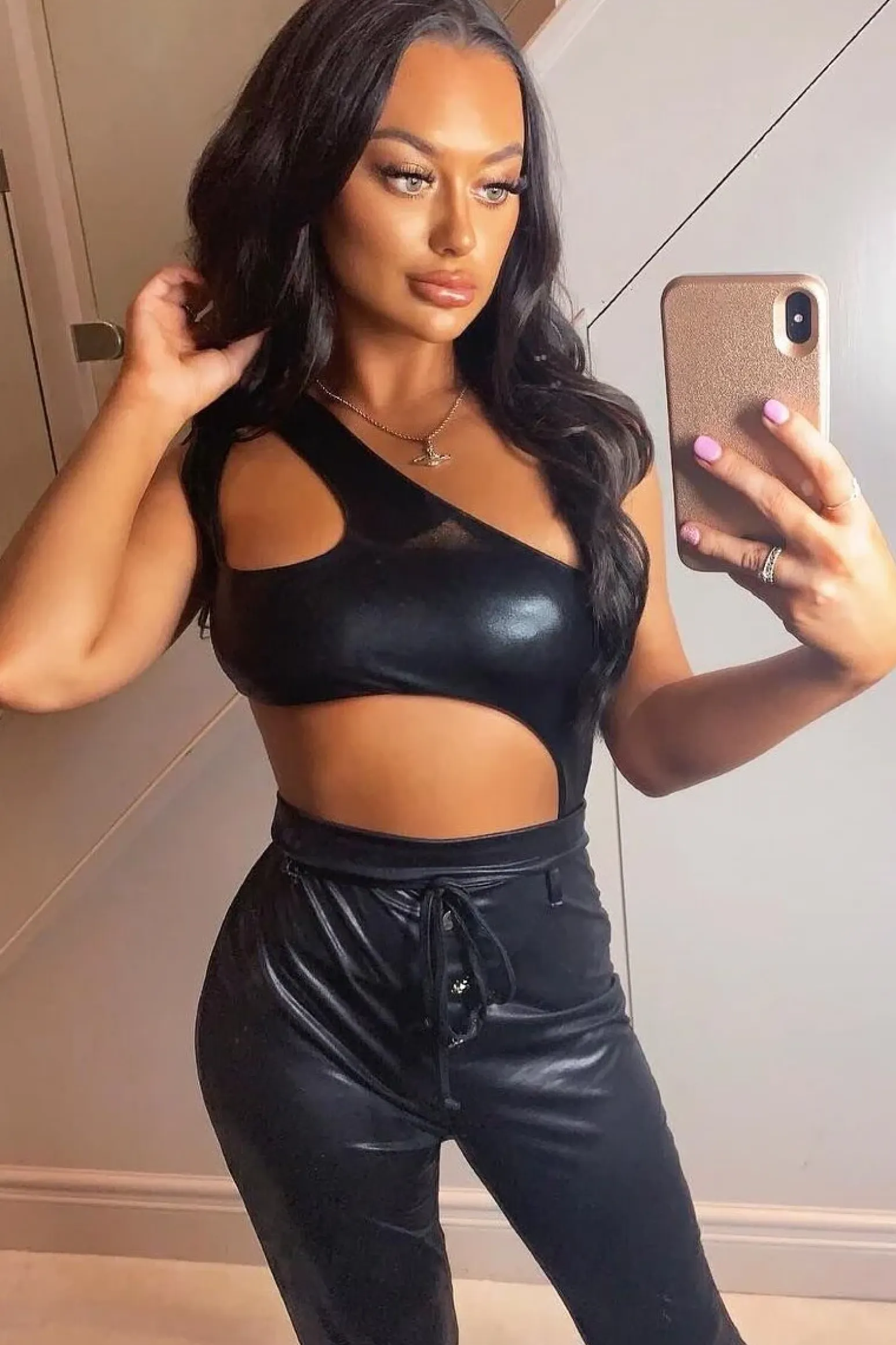 Rebellious Fashion Black Coated One Shoulder Cut Out Bodysuit - Adriana