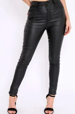 Rebellious Fashion Black Coated PU Jeans - Abrar