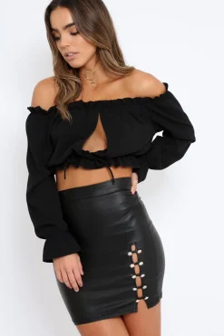 Rebellious Fashion Black Coated Side Cut Out and Button Detail Mini Skirt - Charlea