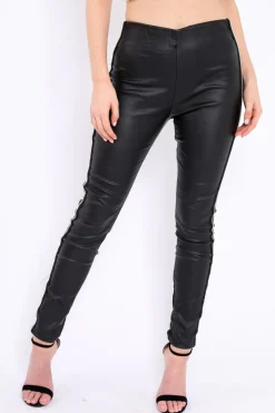 Rebellious Fashion Black Coated Stripe Leggings - Raedyn