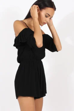 Rebellious Fashion Black Cold Shoulder Frill Layer Playsuit - Diana