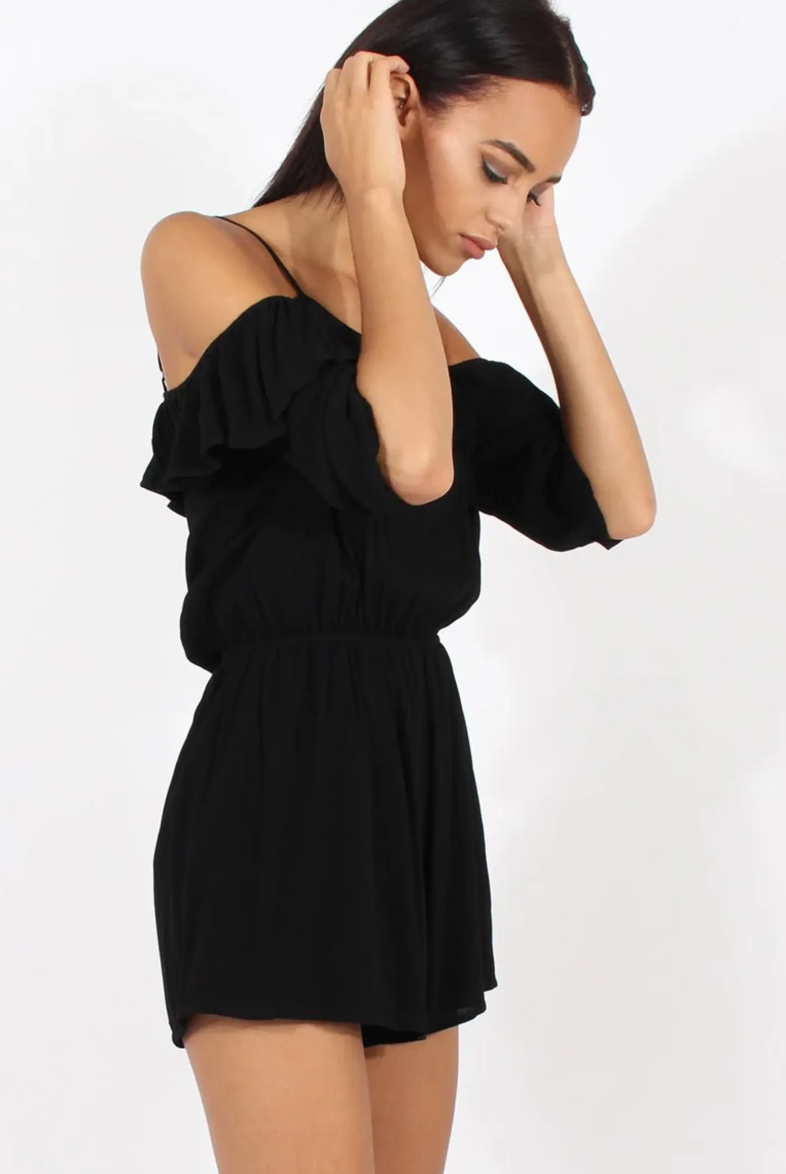 Rebellious Fashion Black Cold Shoulder Frill Layer Playsuit - Diana