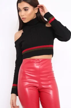 Rebellious Fashion Black Cold Shoulder Jumper with Stripe Detail - Cala