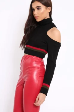 Rebellious Fashion Black Cold Shoulder Jumper with Stripe Detail - Cala