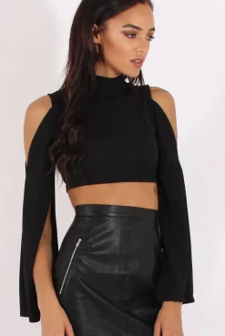 Rebellious Fashion Black Cold Shoulder Split Sleeve Crop Top - Opal