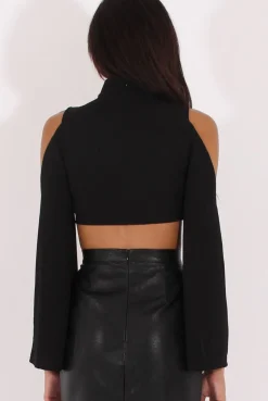 Rebellious Fashion Black Cold Shoulder Split Sleeve Crop Top - Opal