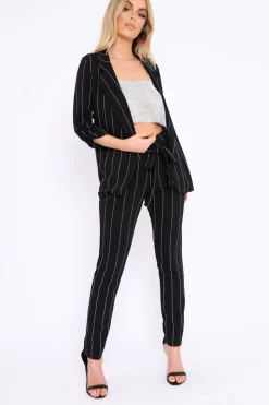 Rebellious Fashion Black Collar Cuffed Sleeves Striped Blazer - Elyza