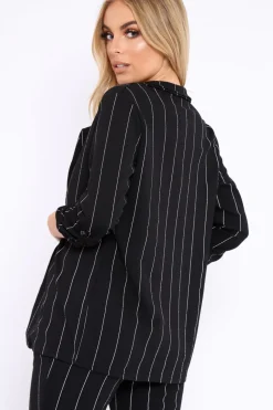 Rebellious Fashion Black Collar Cuffed Sleeves Striped Blazer - Elyza