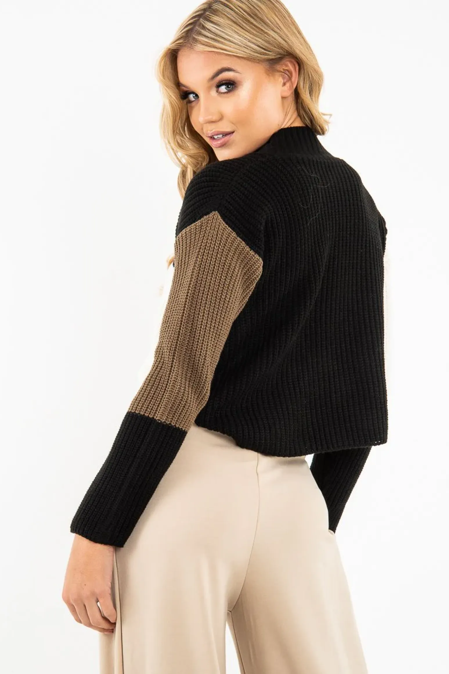 Rebellious Fashion Black Colour Block Chunky Knit Jumper - Maebel