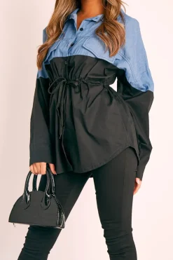 Rebellious Fashion Black Colour Block Denim Shirt - Jaiya