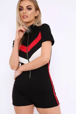 Rebellious Fashion Black Colour Block Zip Front Playsuit - Maleia