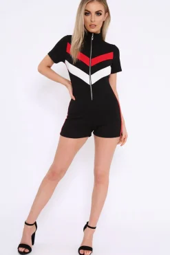 Rebellious Fashion Black Colour Block Zip Front Playsuit - Maleia