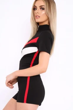 Rebellious Fashion Black Colour Block Zip Front Playsuit - Maleia