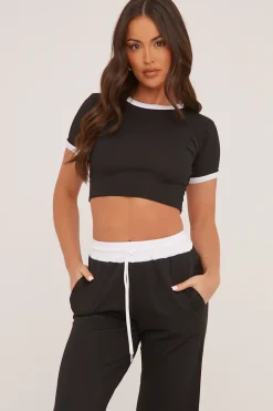 Rebellious Fashion Black Contrast Binding Cropped Top & Wide Leg Trousers Co-ord Set - Kloni