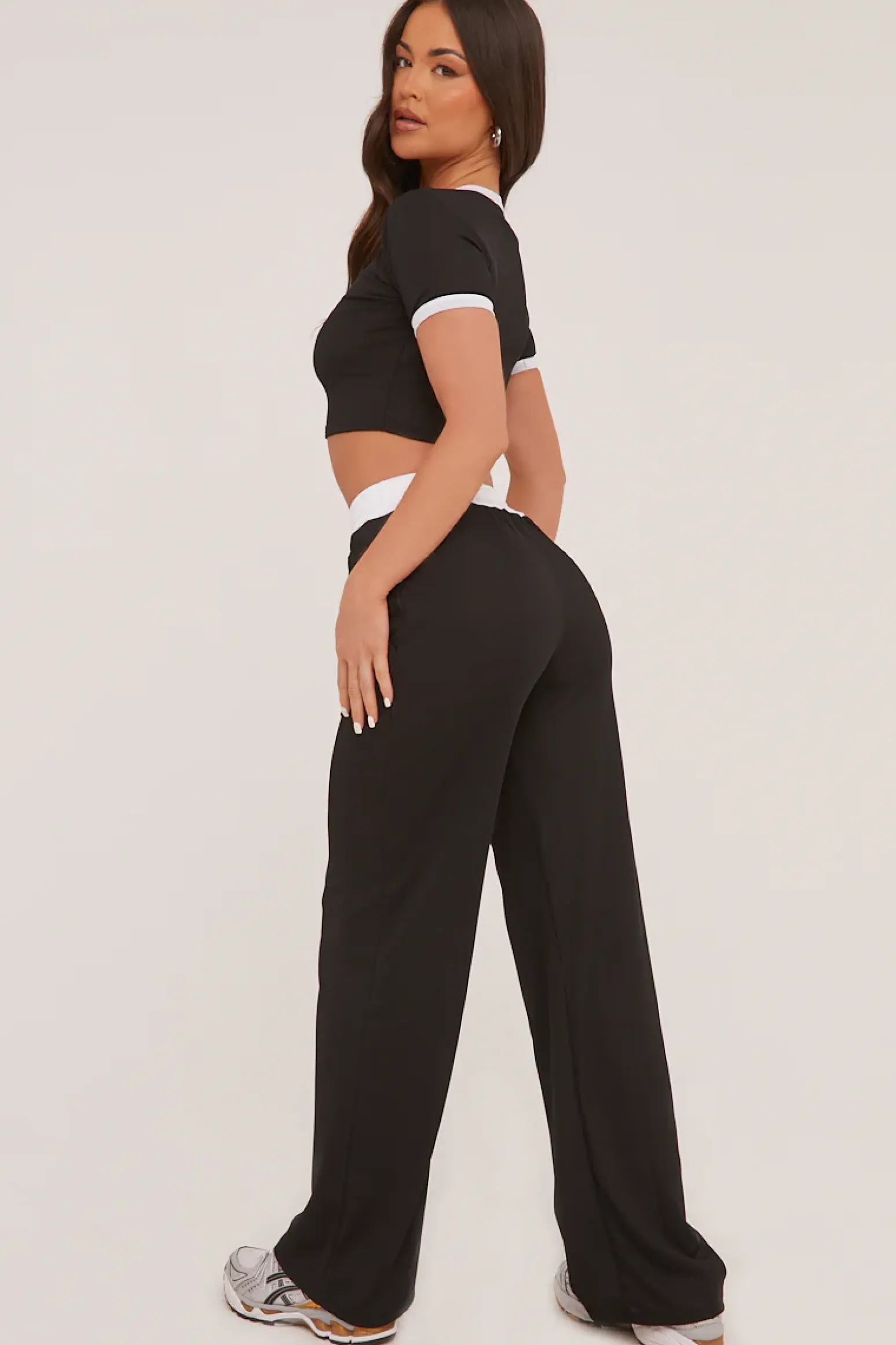 Rebellious Fashion Black Contrast Binding Cropped Top & Wide Leg Trousers Co-ord Set - Kloni