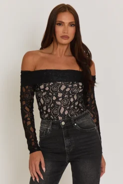 Rebellious Fashion Black Contrast Lace Bandeau Bodysuit - Betania