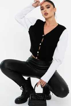 Rebellious Fashion Black Contrast Sleeves Knitted Top - Mckaela