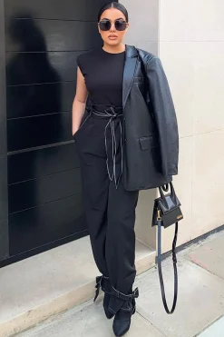 Rebellious Fashion Black Contrast Stitch Ankle Tie Trousers - Neyla