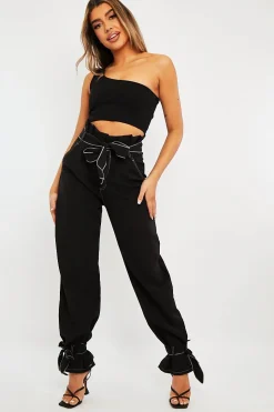 Rebellious Fashion Black Contrast Stitch Ankle Tie Trousers - Neyla