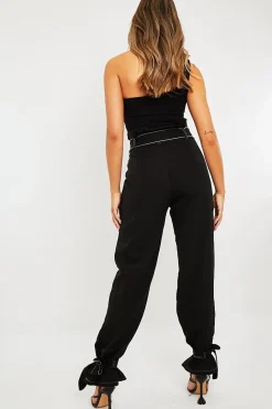 Rebellious Fashion Black Contrast Stitch Ankle Tie Trousers - Neyla