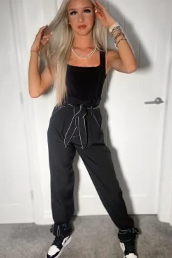 Rebellious Fashion Black Contrast Stitch Ankle Tie Trousers - Neyla