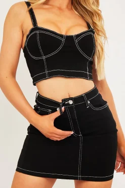 Rebellious Fashion Black Contrast Stitch Bralet + Skirt Denim Co-ord - Divina