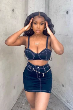 Rebellious Fashion Black Contrast Stitch Bralet + Skirt Denim Co-ord - Divina