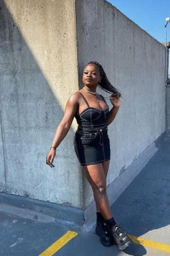 Rebellious Fashion Black Contrast Stitch Bralet + Skirt Denim Co-ord - Divina