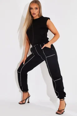 Rebellious Fashion Black Contrast Stitch Cargo Trousers - Britanny