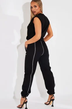 Rebellious Fashion Black Contrast Stitch Cargo Trousers - Britanny