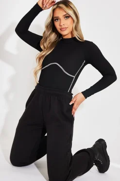 Rebellious Fashion Black Contrast Stitch Corset Detail Bodysuit - Adisa