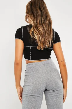 Rebellious Fashion Black Contrast Stitch Cropped Top - Elna