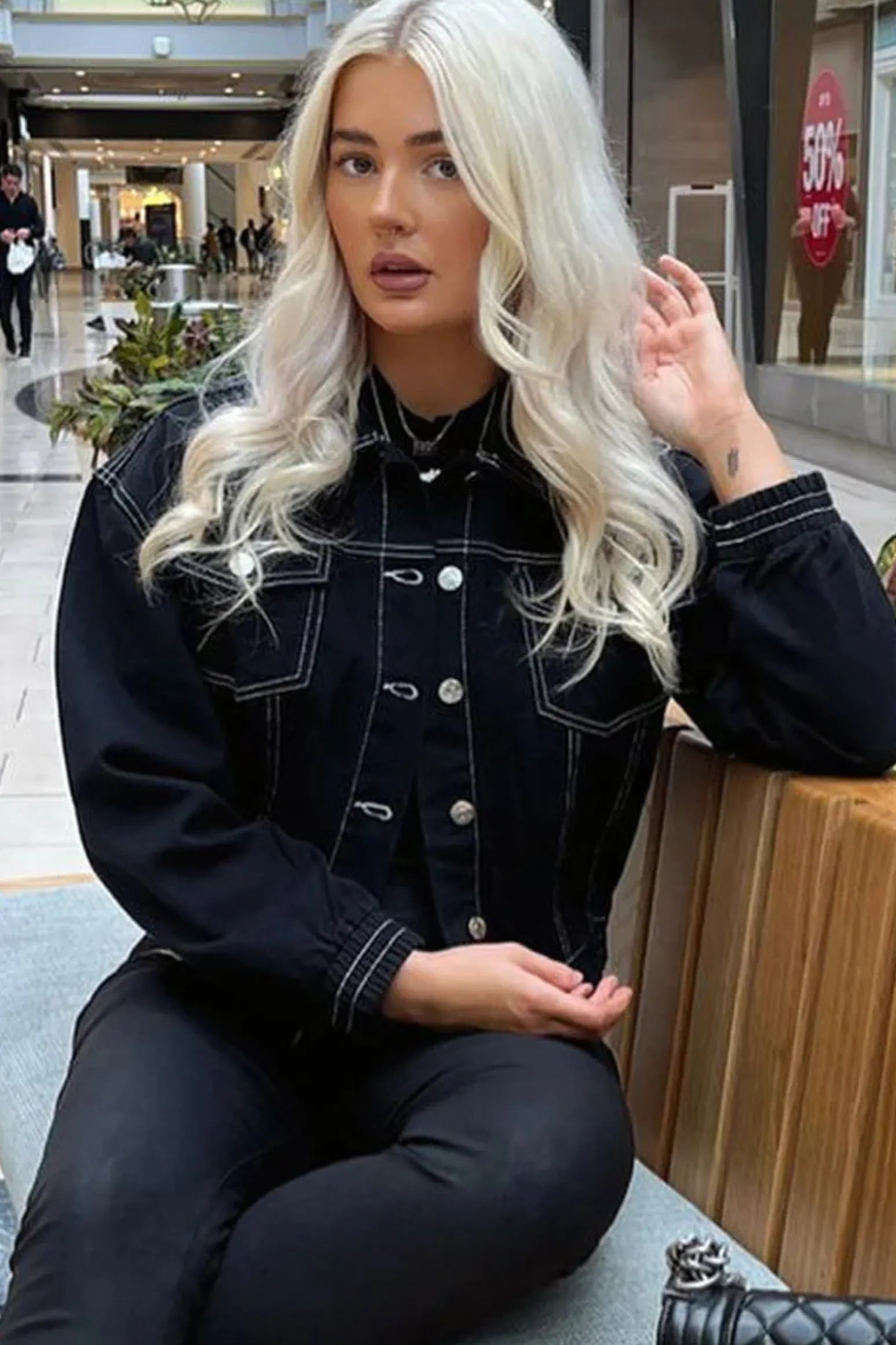 Rebellious Fashion Black Contrast Stitch Elasticated Hem Denim Jacket - Danalee