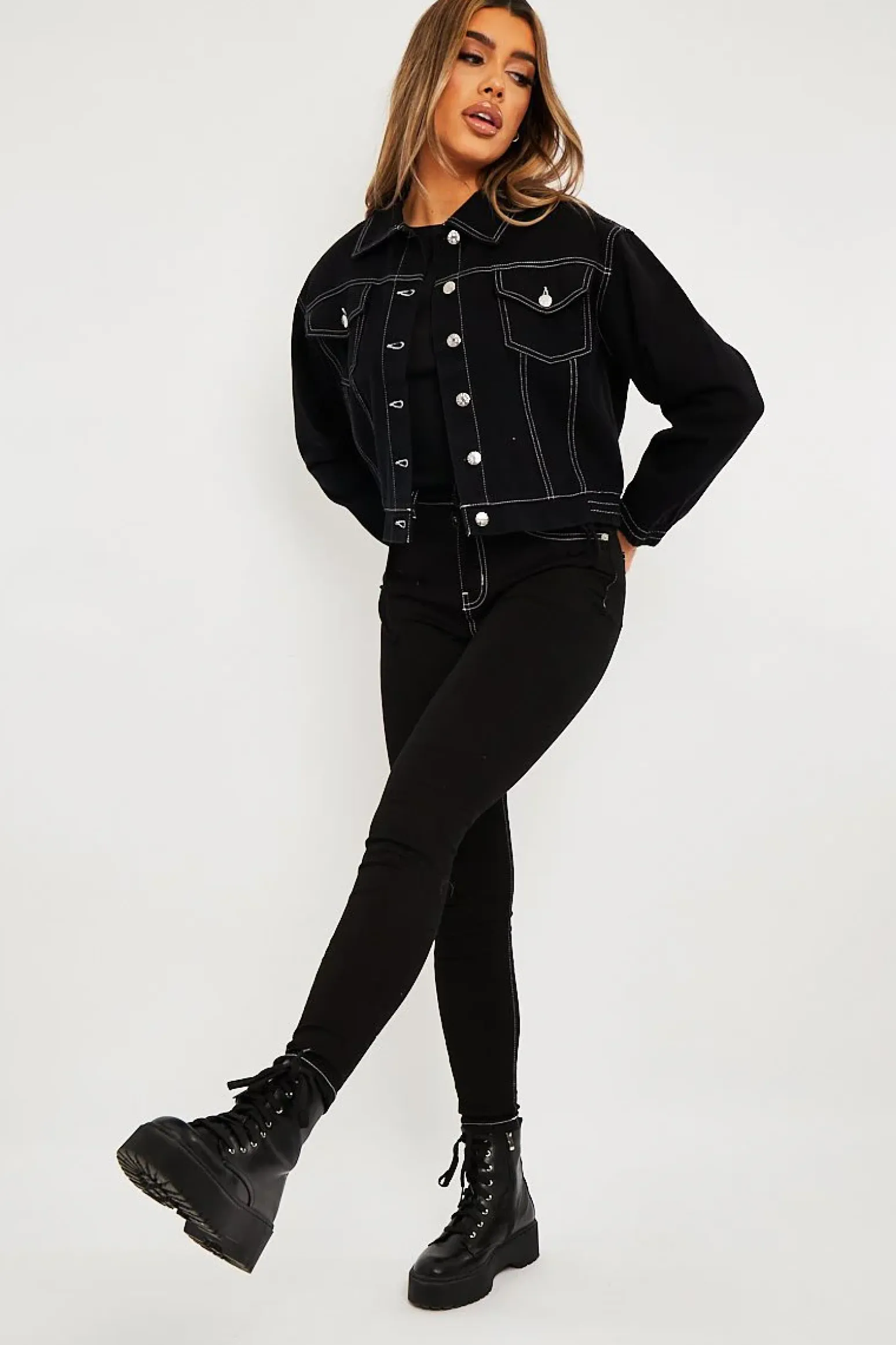 Rebellious Fashion Black Contrast Stitch Elasticated Hem Denim Jacket - Danalee