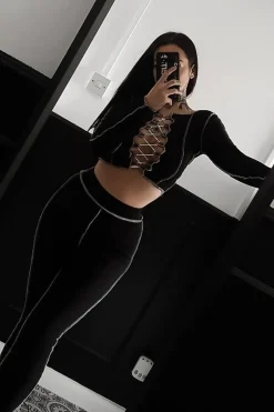 Rebellious Fashion Black Contrast Stitch Split Hem Leggings - Ria