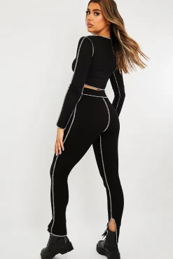 Rebellious Fashion Black Contrast Stitch Split Hem Leggings - Ria