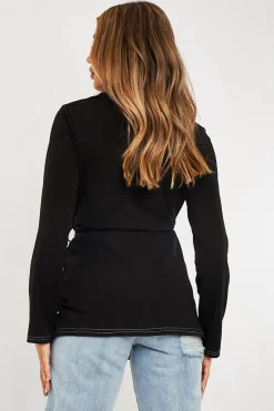 Rebellious Fashion Black Contrast Stitch Waist Belt Blazer - Maya