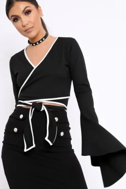 Rebellious Fashion Black Contrast Trim Tie Front Crop Top - Jaxy