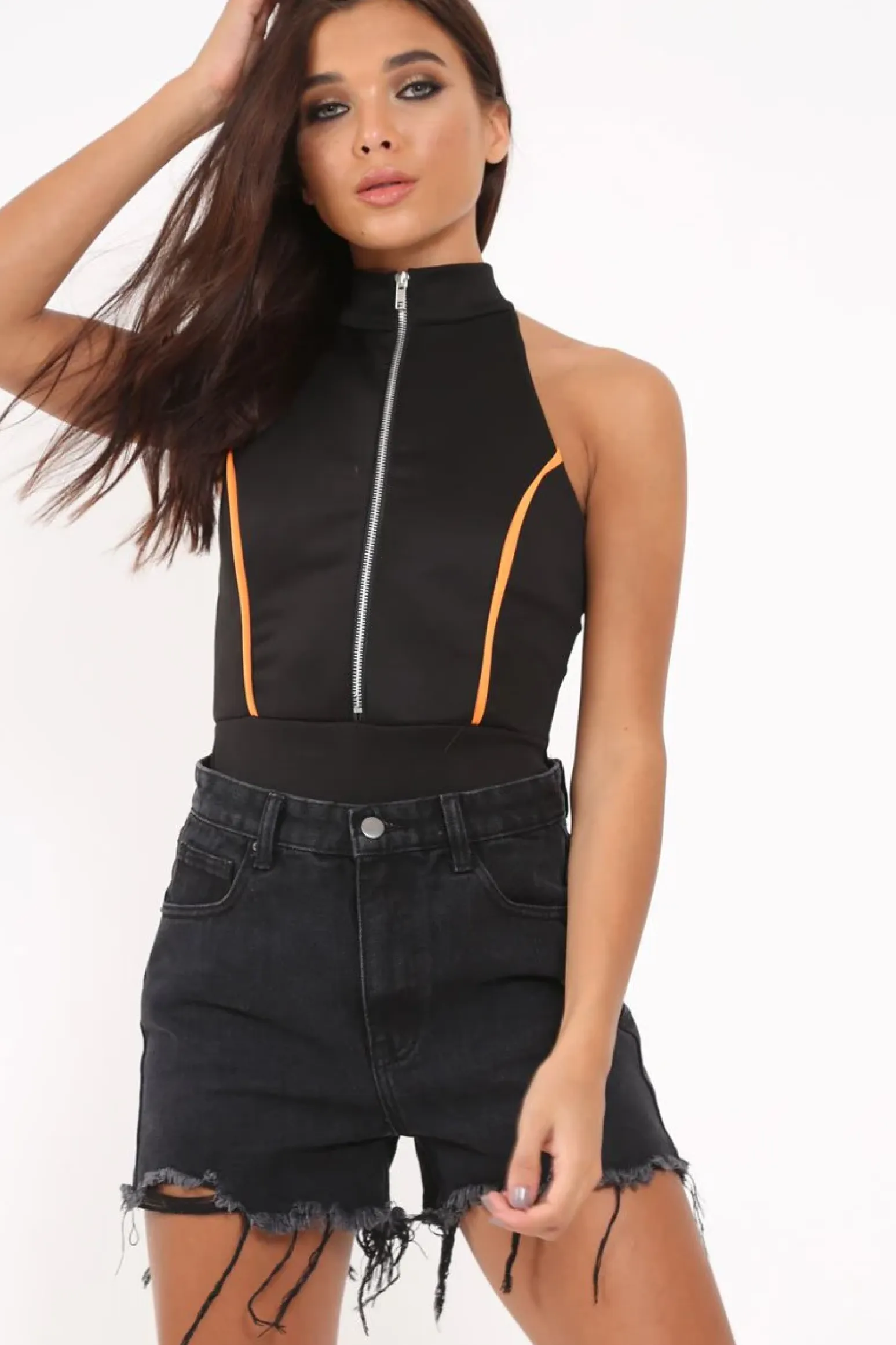 Rebellious Fashion Black Contrast Zip Front Bodysuit - Odine