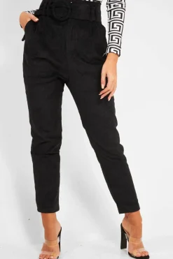 Rebellious Fashion Black Corduroy Belted Tapered Trousers - Janelle