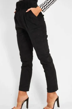 Rebellious Fashion Black Corduroy Belted Tapered Trousers - Janelle