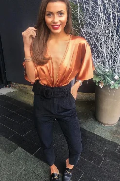 Rebellious Fashion Black Corduroy Belted Tapered Trousers - Janelle