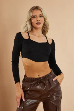 Rebellious Fashion Black Corset Detail Cropped Top - Alina