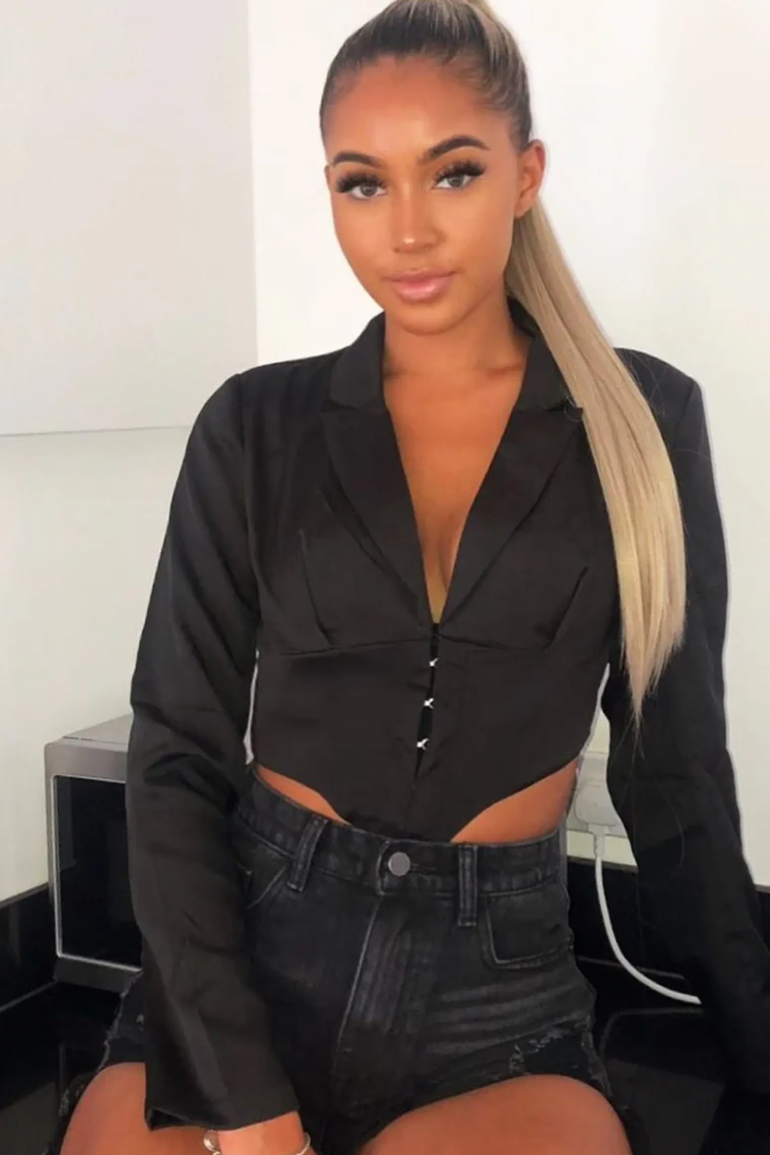 Rebellious Fashion Black Corset Detail Plunge Blouse - Poppy