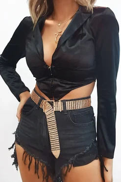 Rebellious Fashion Black Corset Detail Plunge Blouse - Poppy